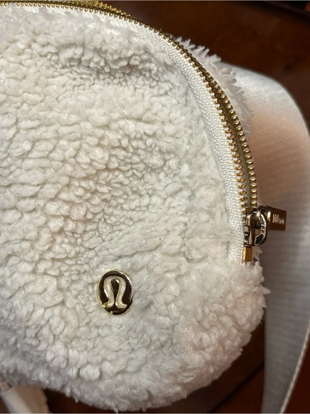 lululemon athletica Cream Sherpa Crossbody Belt Bag with Gold Accent